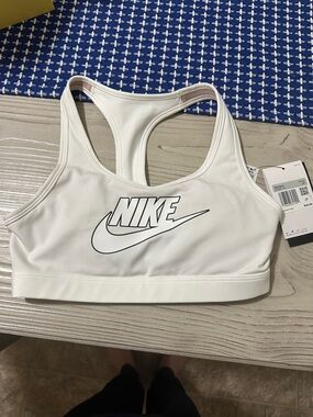 Nike White Racerback Sports Bra with Black Logo Swoosh